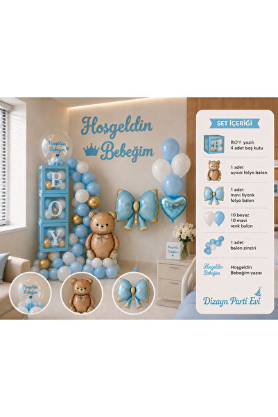 Dizayn Parti Evi Hoşgeldin Bebeğim Hastane Odası Süsleme Seti Boy Kutulu Ayıc...