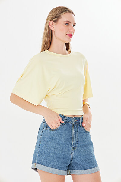 Tight Lady Waist-Tied Wide-Sleeved Natural Viscose Yellow (Butter Yellow) Blouse