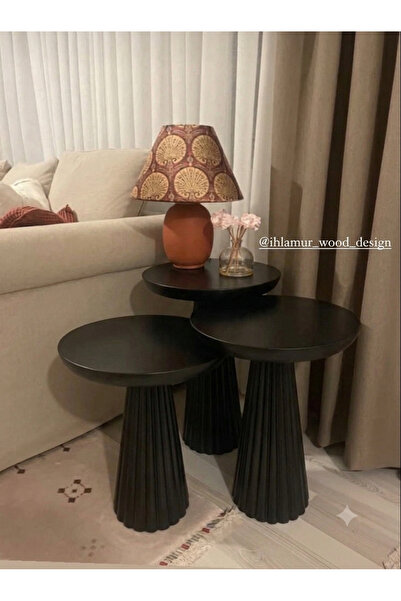 IHLAMUR WOOD DESİGN Fitilli Vernikli Mantar Sehpa mat siyah