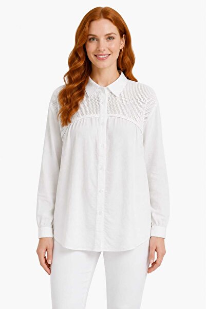 Neden Tekstil Women's Long Sleeve White Knitted Detailed Shirt