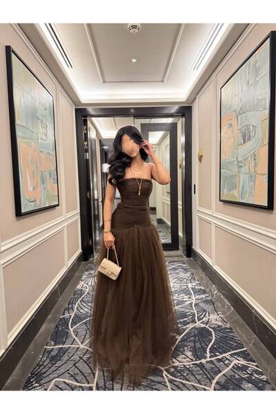 NASMA Women's Long Evening Dress with Shiny Tulle