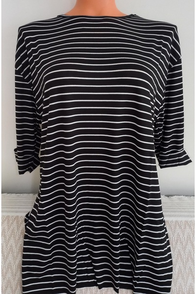 Anne Er Clothing Summer Combed Cotton Blouse Crew Neck Capri Sleeve Black Str...