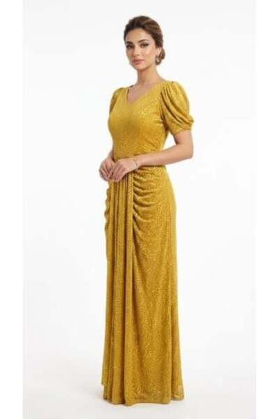 unbranded Women's Mustard Gold Textured Maxi Evening Dress with Puff Sleeves,...