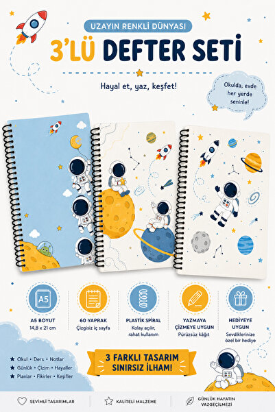 3'lü Uzay Temalı A5 Spiralli Defter Seti | 60 Yaprak | Çizgisiz | Plastik Helezon Spiral