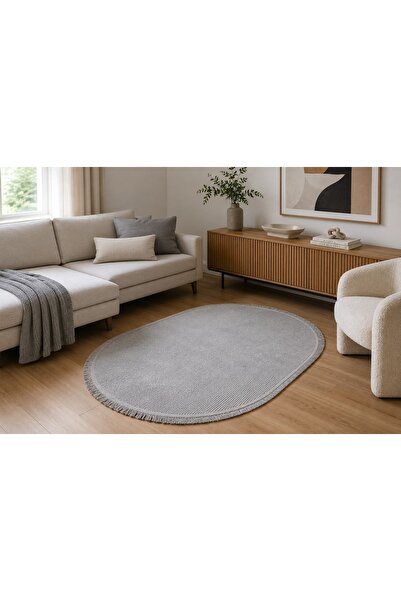 Dijidekor Petek Dokulu Gri Renk Oval Saçaklı Kaymaz Tabanlı Salon Mutfak Antr...