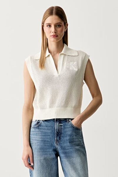 Calvin Klein EKRU LOGOLU POLO YAKA AJURLU KADIN TRİKO SÜVETER