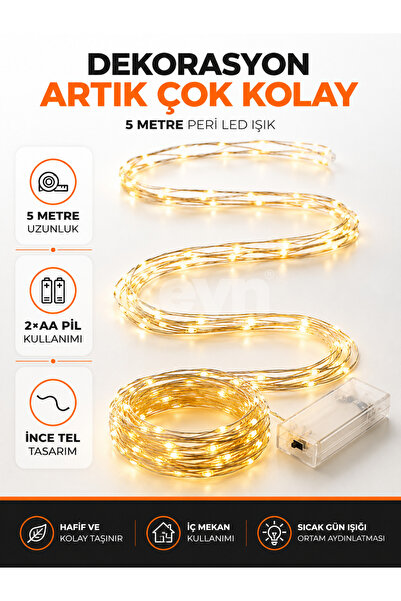 Zeyn Gross 5 Metre Pilli Peri LED Işık Gün Işığı Dekoratif Tel Aydınlatma 2×A...