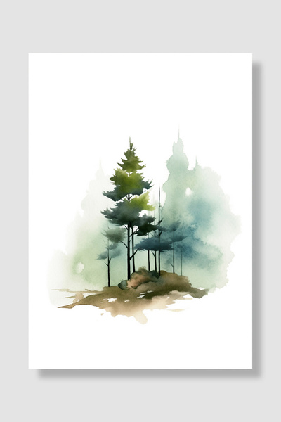 Luna Marissa Poster cu copac Acuarelă Pădure de pin Verde Albastru Natură ceț...
