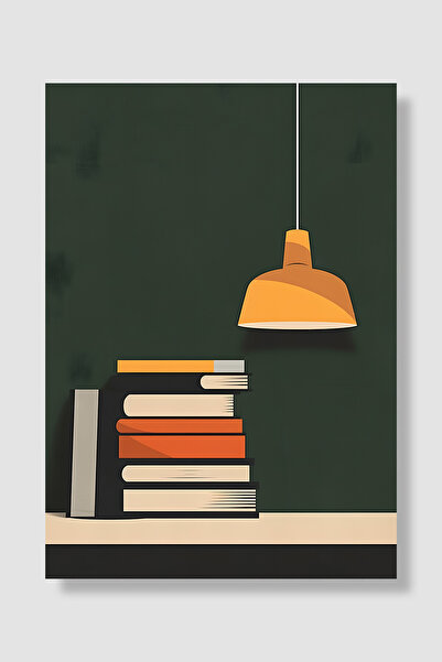 Luna Marissa Poster minimalist cu grămadă de cărți pe fundal verde și lampă g...
