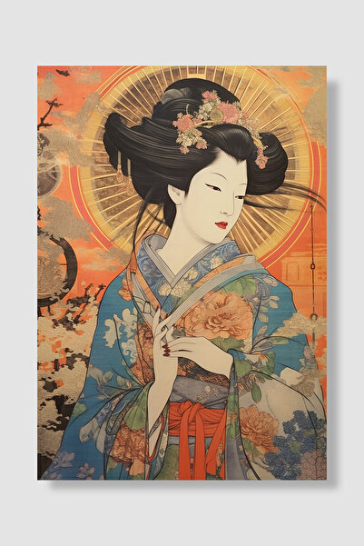 Luna Marissa Japanski gejša poster Ukiyoe plavi cvetni kimono zlatno sunce zi...