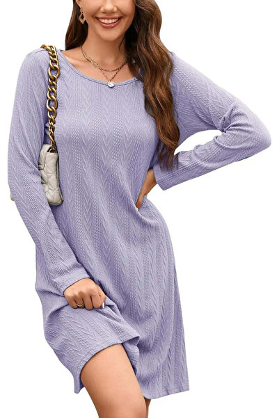 OEM Rochie midi tricotată, cu mânecă lungă, decolteu rotund, mov, XL