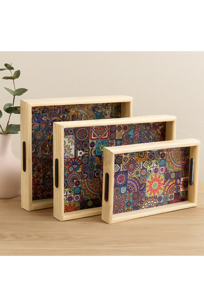 magicool Wooden Tray Set 3 Sizes (Patterned Surface) - 16X26 / 21X31 / 24X34 ...
