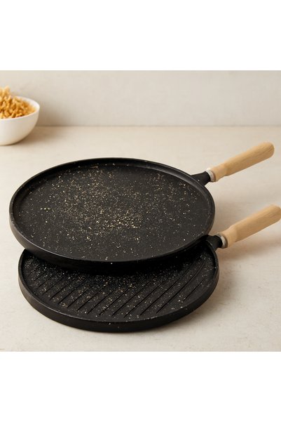 34 cm Çift Taraflı Döküm Tava - Ahşap Saplı