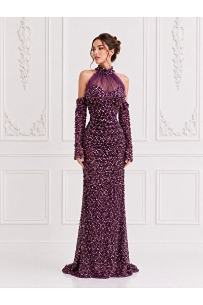 ranin Dark Purple Tulle Evening Dress with Sparkle Beading Costumes