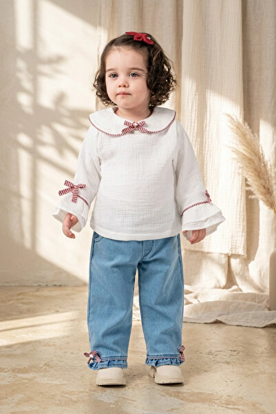 Babydonat Girl's White Muslin Blouse and Gingham Bow Detailed Denim Trousers ...