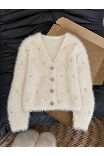NATUFIAN STORE Women's Pearl and Stone V-Neck Plush Textured Basic Knitwear C...