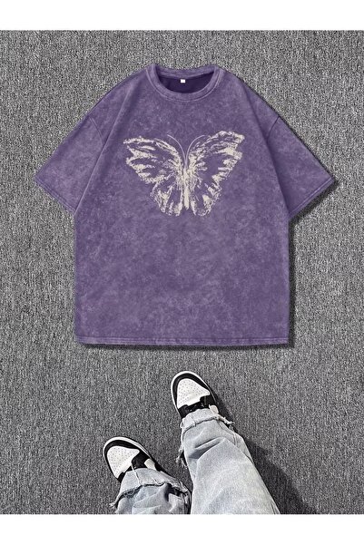 Toum Butterfly Printed Washable Vintage Unisex Oversize T-Shirt