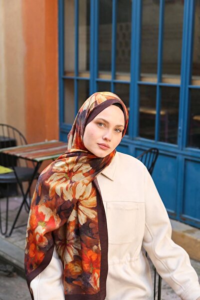 ENRİCO FERRİ Amore Magnolia Pattern Viscose Shawl - Burgundy Multicolor
