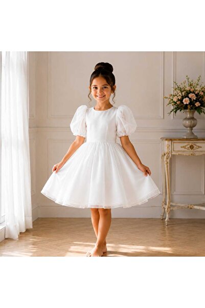 MadyaButik White Balloon Sleeve Fairy Girl Dress