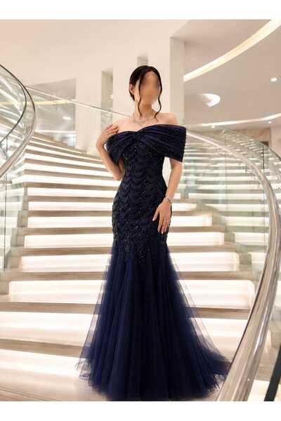 Kurtah Luxury Navy Blue Off Shoulder Evening Dress with Shiny Embroidery