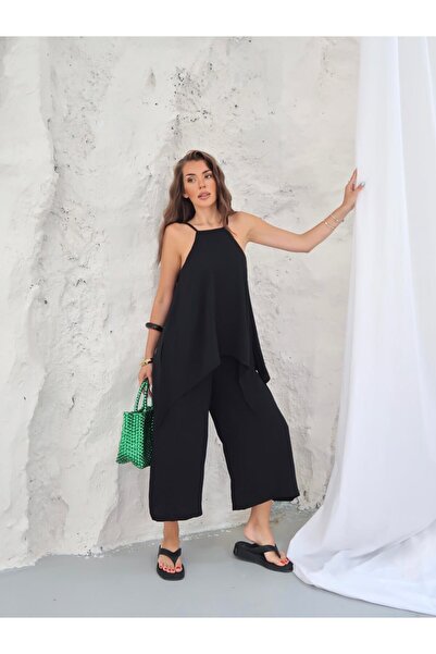 MODA Siyah Ayrobin Kumaş Askılı Bluz Detaylı Tulum