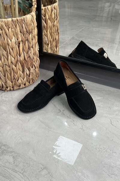BABLACK Buckle Detailed Suede Leather Loafers Women's Shoes Black