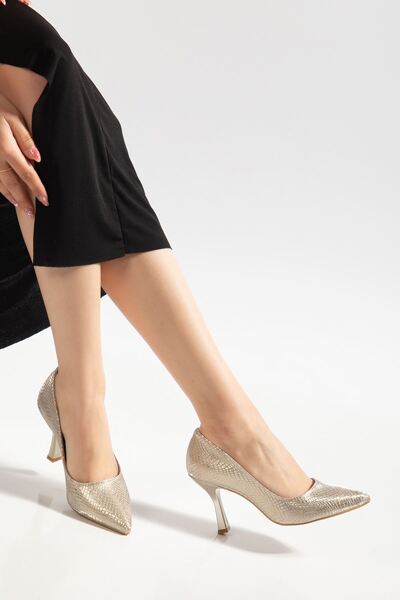 Zerenyus Zri̇n-114 Premium Gold Sequin Patterned Pointed Toe Stiletto 9 cm