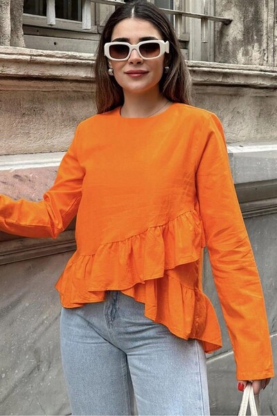 Moda4x4 Women's Orange Front Ruffles Round Neck Long Back Cotton Loose Blouse