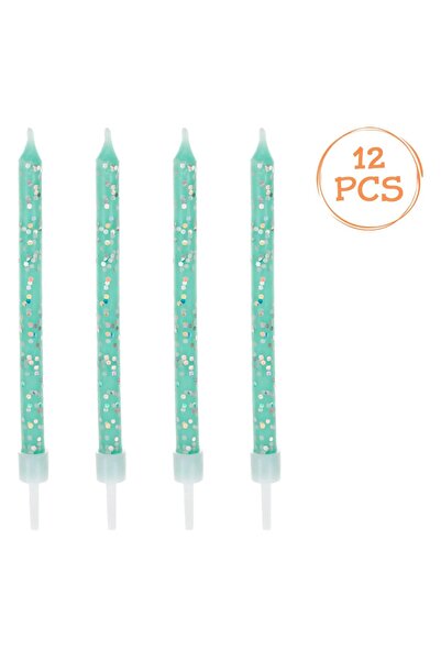 Baloane Vesele Set 12 Lumanari Aniversare Verde Menta Cu Sclipici LMR30