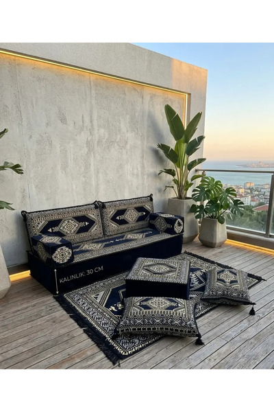 BAKIRÖZÜ HOME Lacivert Yahyalı Şark Köşesi Seti - 30 cm Ekstra Kalın Zemin Mi...