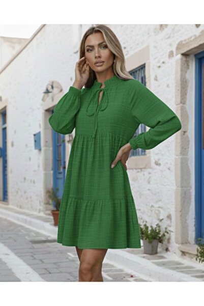Livizmir Moda Women's Long Sleeve Neck Tie Ruffled Linen Mini Dress