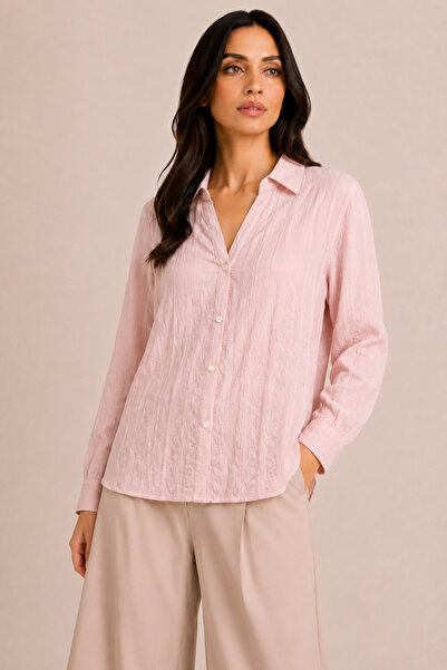 berlanty Elegant Casual Blouse with Roll-Up Sleeves Crinkled Texture