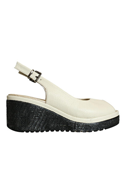 Platin Beige Leather Women's Wedge Heel Sandals