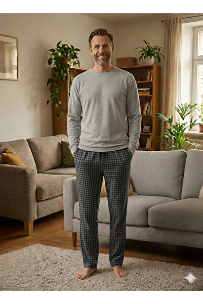 ALFA AKSESUAR 03 Pijalüx Single Bottom Knitted Plaid Home Pants