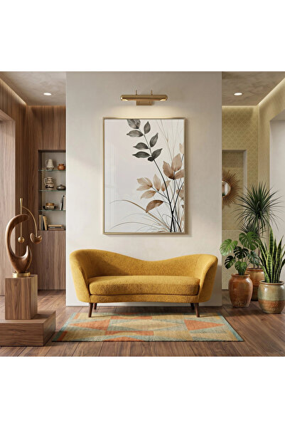 KOLAJTASARIM Single Gold Metal Framed Glass Tabletop Artwork — Botanical Leav...