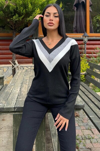 Moda4x4 Women's Black Long Sleeve V-Neck Color Block Cotton Blouse Sweatshirt