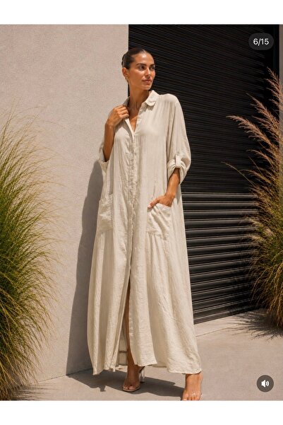 yusracollectionn Italian Linen Long Shirt Dress with Pockets Oversize Relaxed...