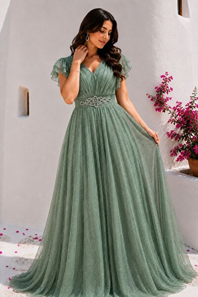HİRAMİR Kadın Büyük Beden Taş Kemer Detaylı Abiye Elbise YZ2738