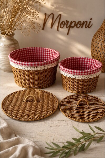 Senin Dükkanın 2-Piece Covered Plaid Wicker Rattan Organizer Basket Round 895