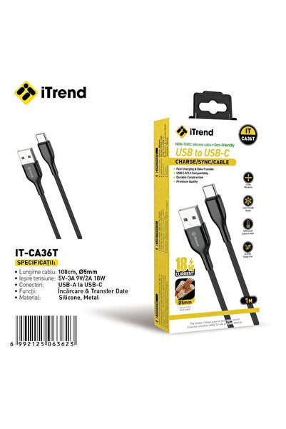 itrend Cablu USB-A la USB-C IT-CA36T, 1 m, Încărcare Rapidă 18W, Silicon, Negru
