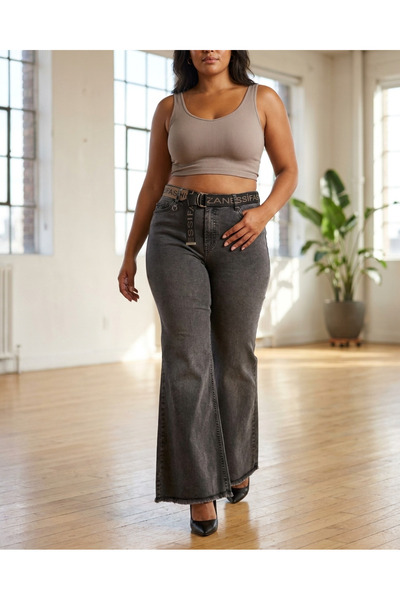 ZANESSI Plus Size Women's Wide Leg Denim Pants with Gathering Belt