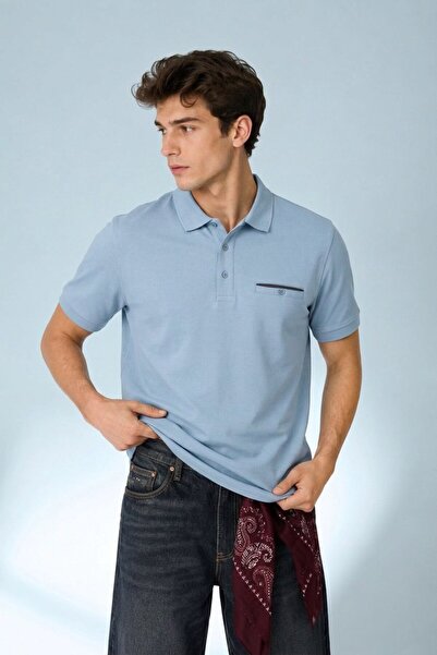 Maccali Men's Relax Fit Blue Pocket Polo Collar t Shirt
