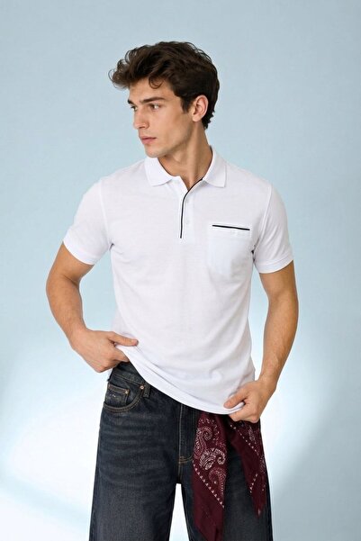 Maccali Tricou alb cu buzunare și guler polo Relax Fit pentru bărbați