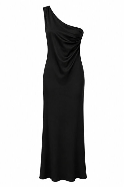 HAZELANNA One-Shoulder Back Detail Satin Black Dress