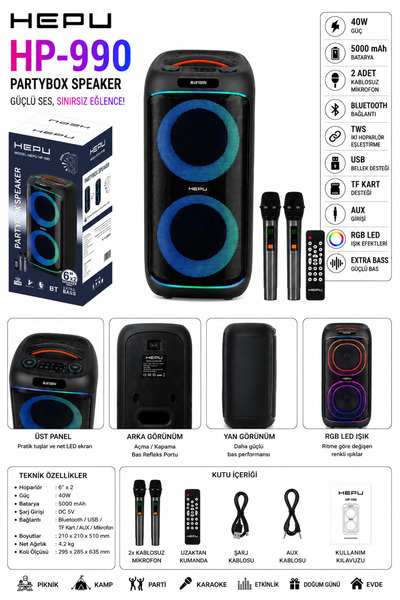Boomboxtr HP-990 Taşınabilir Bluetooth Partybox Hoparlör Usb,Aux,Tf 40 W Rms ...