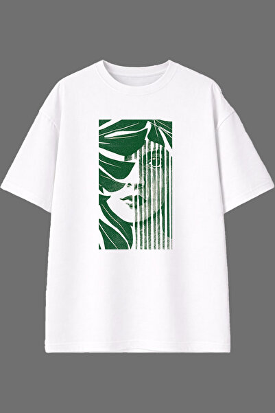 VSRN Green Women's Design Front Printed White Oversize T-Shirt