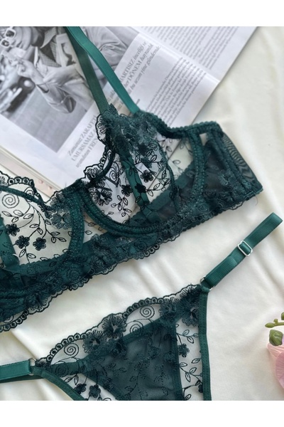 Jasmine Çiçek İşlemeli Dantel Sütyen Tanga Takım – Transparan Seksi İç Giyim