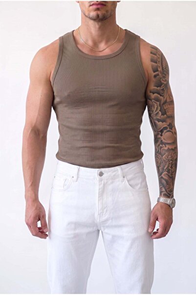 VACHT Men's Mink Color Halter Collar Detailed Streetwear Tank Top