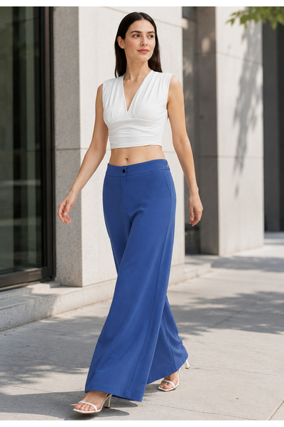 exxitcollection Elastic Waist Women's Blue Trousers with Wide Legs and Non-Se...