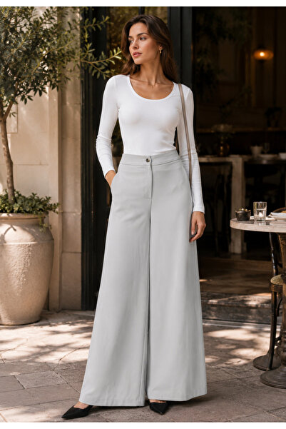 exxitcollection Elastic Waist Women's Light Gray Trousers Wide Leg Non-See-Th...